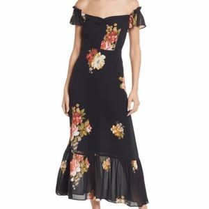 New Reformation Butterfly Georgette off the shoulder Dress in Arcadia.